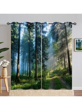 Forest Path Printed Curtains in Green and Blue New in Package